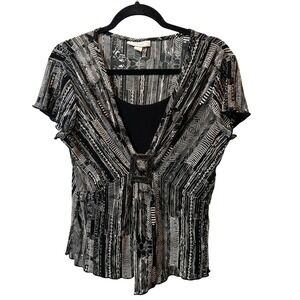 Dressbarn Women's Black White Geometric Print Faux Layered V-Neck Top Size M Y2K